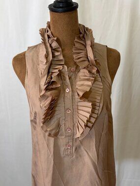 J.Crew Size 10 Pleated Ruffle Tuxedo Sleeveless Blouse Taupe